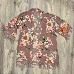 3/4 Sleeve Rayon Floral Open Shawl Beach Cover Up Robe Fringe Trim Size L/OS